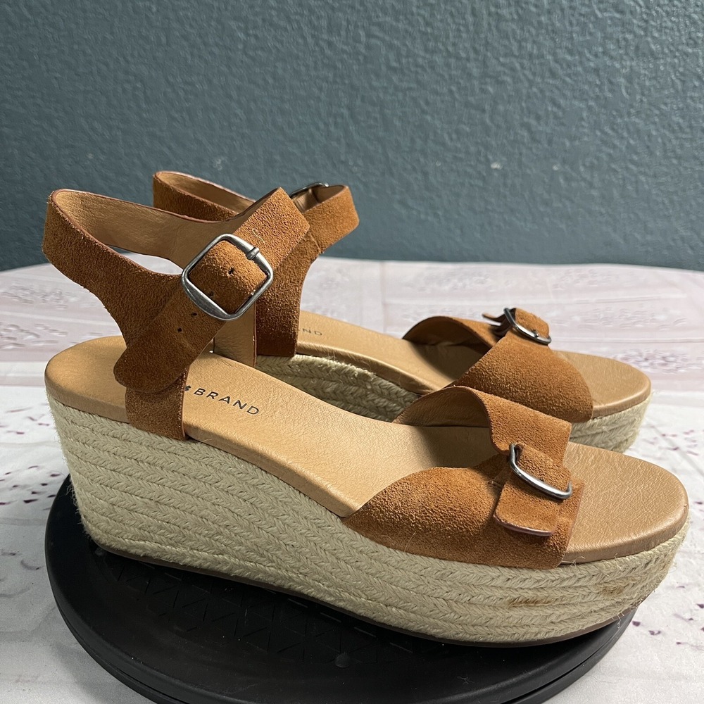 Lucky Brand Espadrille Wedge Sandals Womens 10 Brown Suede Platform Buckle Strap